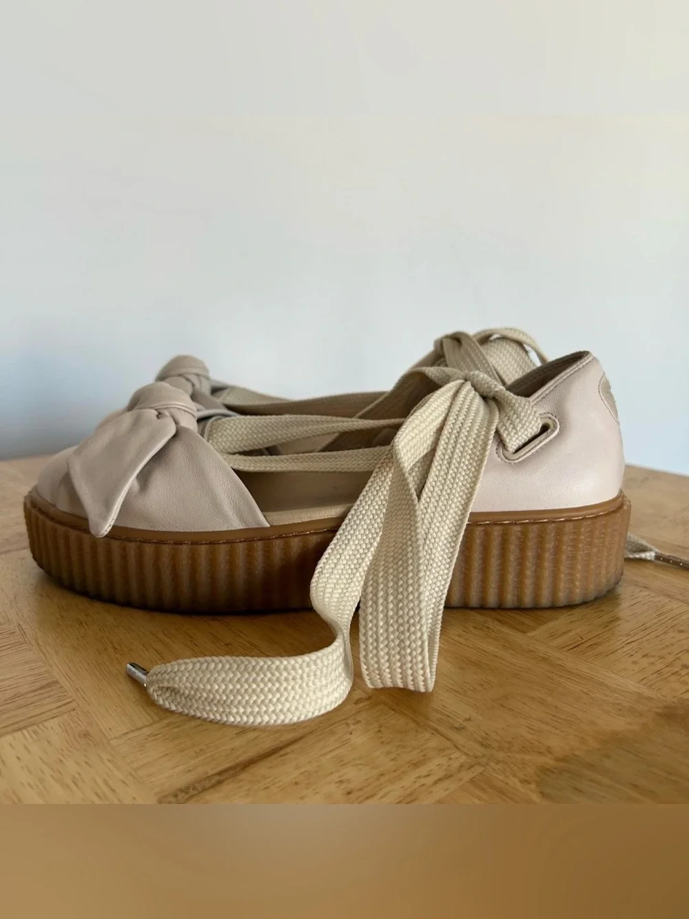Puma X Fenty Cream Leather Bow Platform Creeper Sandals